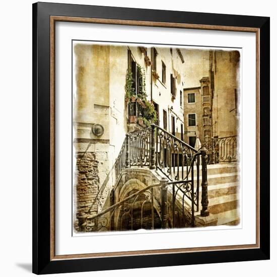 Streets Of Old Venice -Picture In Retro Style-Maugli-l-Framed Premium Giclee Print