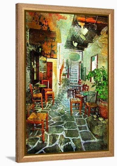 Streets With Tavernas (Pictorial Greece Series)-Maugli-l-Framed Stretched Canvas