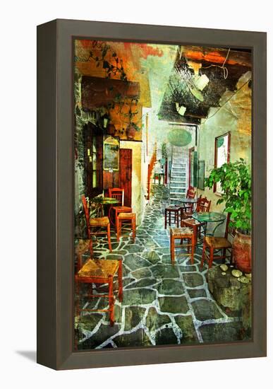 Streets With Tavernas (Pictorial Greece Series)-Maugli-l-Framed Stretched Canvas