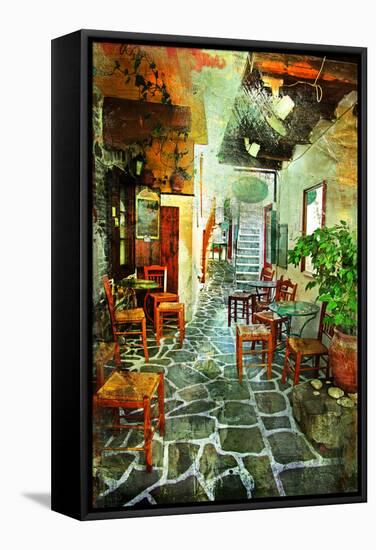 Streets With Tavernas (Pictorial Greece Series)-Maugli-l-Framed Stretched Canvas