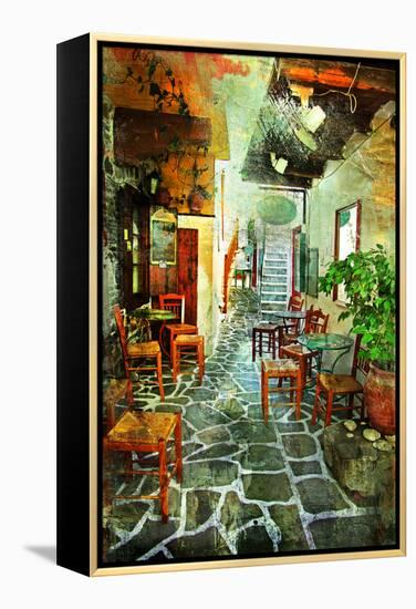 Streets With Tavernas (Pictorial Greece Series)-Maugli-l-Framed Stretched Canvas