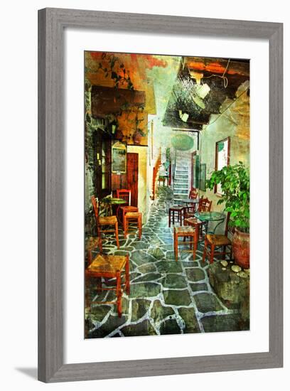 Streets With Tavernas (Pictorial Greece Series)-Maugli-l-Framed Premium Giclee Print