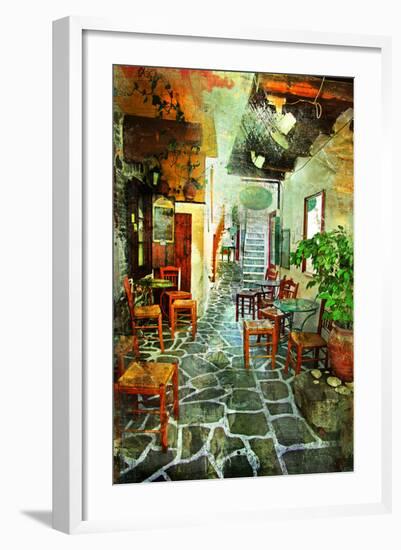 Streets With Tavernas (Pictorial Greece Series)-Maugli-l-Framed Premium Giclee Print