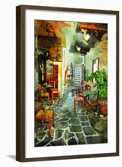 Streets With Tavernas (Pictorial Greece Series)-Maugli-l-Framed Premium Giclee Print