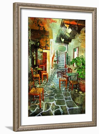 Streets With Tavernas (Pictorial Greece Series)-Maugli-l-Framed Art Print