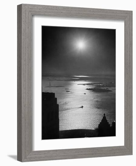 Strikebound Port of New York, Several Tug Boats Steaming across Usually Busy Bay Past Ellis Island-Andreas Feininger-Framed Photographic Print