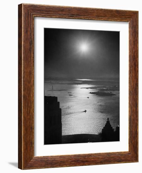 Strikebound Port of New York, Several Tug Boats Steaming across Usually Busy Bay Past Ellis Island-Andreas Feininger-Framed Photographic Print