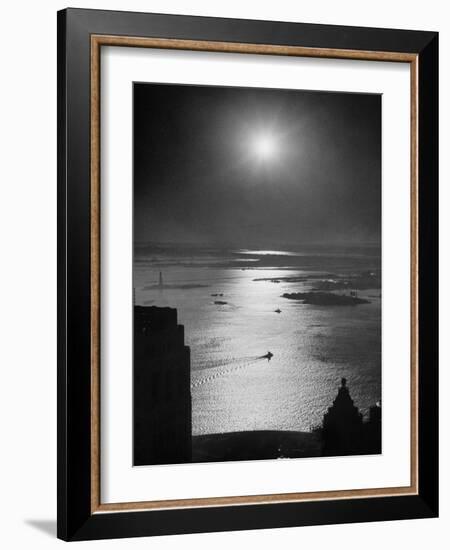 Strikebound Port of New York, Several Tug Boats Steaming across Usually Busy Bay Past Ellis Island-Andreas Feininger-Framed Photographic Print