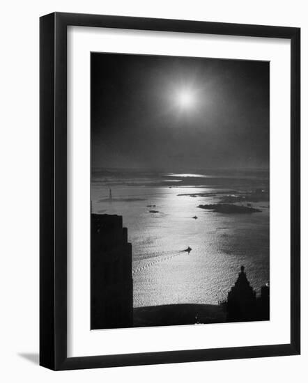 Strikebound Port of New York, Several Tug Boats Steaming across Usually Busy Bay Past Ellis Island-Andreas Feininger-Framed Photographic Print