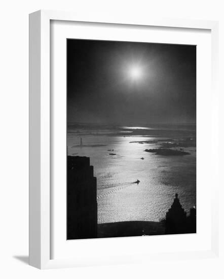 Strikebound Port of New York, Several Tug Boats Steaming across Usually Busy Bay Past Ellis Island-Andreas Feininger-Framed Photographic Print