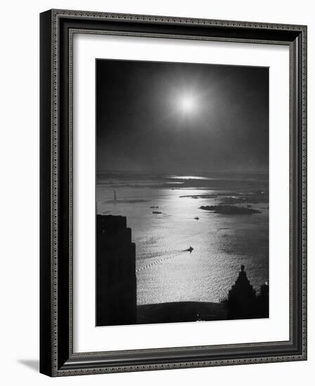 Strikebound Port of New York, Several Tug Boats Steaming across Usually Busy Bay Past Ellis Island-Andreas Feininger-Framed Photographic Print