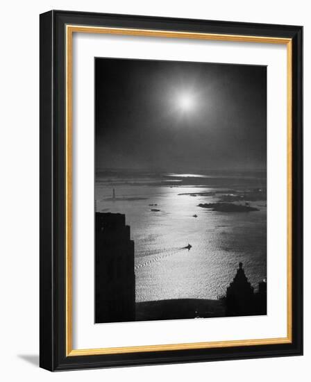 Strikebound Port of New York, Several Tug Boats Steaming across Usually Busy Bay Past Ellis Island-Andreas Feininger-Framed Photographic Print