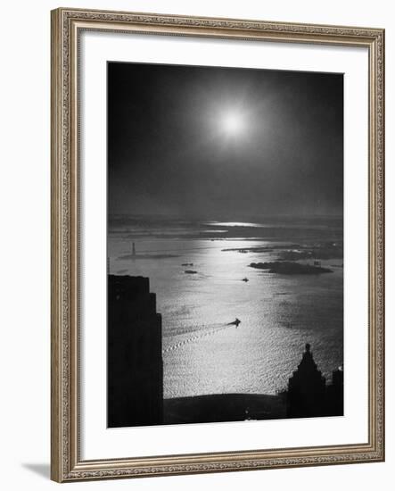 Strikebound Port of New York, Several Tug Boats Steaming across Usually Busy Bay Past Ellis Island-Andreas Feininger-Framed Photographic Print