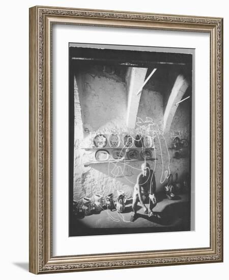 Stroboscopic Photograph of Pablo Picasso "Drawing" with Light-null-Framed Photographic Print