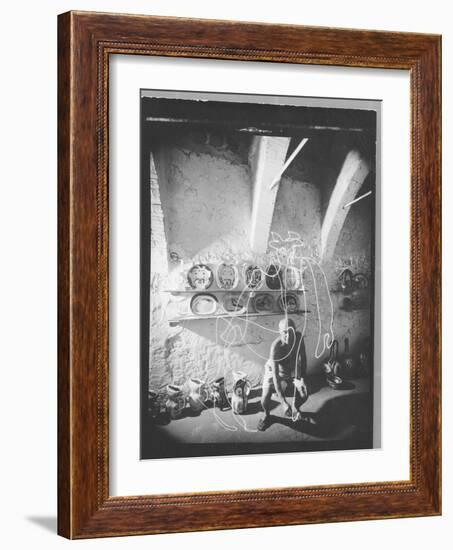 Stroboscopic Photograph of Pablo Picasso "Drawing" with Light-null-Framed Photographic Print