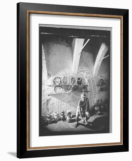 Stroboscopic Photograph of Pablo Picasso "Drawing" with Light-null-Framed Photographic Print