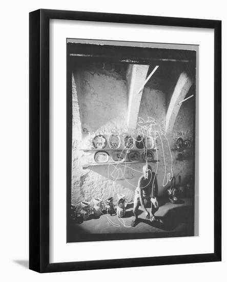 Stroboscopic Photograph of Pablo Picasso "Drawing" with Light-null-Framed Photographic Print