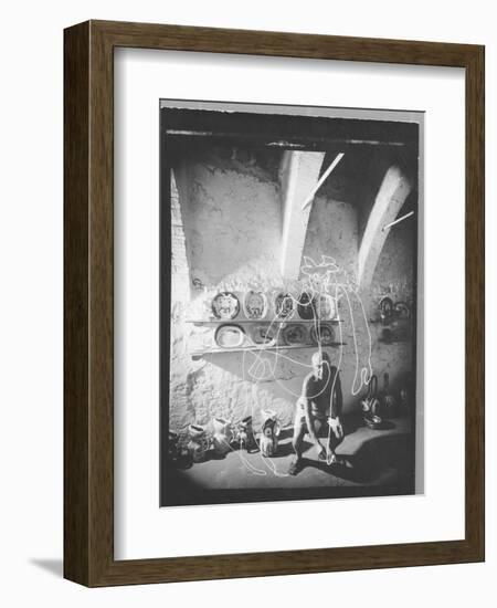 Stroboscopic Photograph of Pablo Picasso "Drawing" with Light-null-Framed Photographic Print