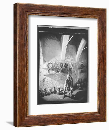 Stroboscopic Photograph of Pablo Picasso "Drawing" with Light-null-Framed Photographic Print