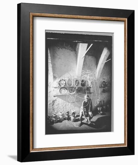 Stroboscopic Photograph of Pablo Picasso "Drawing" with Light-null-Framed Photographic Print