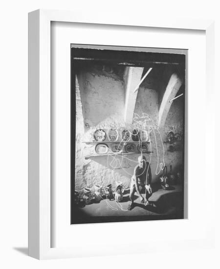 Stroboscopic Photograph of Pablo Picasso "Drawing" with Light-null-Framed Photographic Print