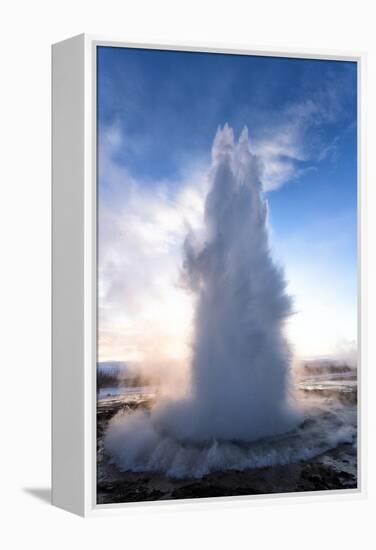 Strokkur Geysir Erupting at Sunrise on a Freezing Winter's Morning Against the Colourful Sky-Lee Frost-Framed Premier Image Canvas