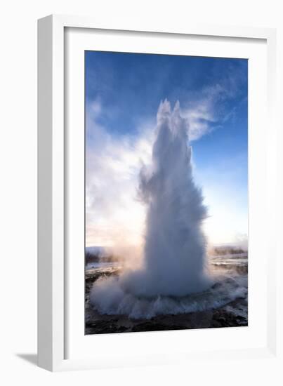 Strokkur Geysir Erupting at Sunrise on a Freezing Winter's Morning Against the Colourful Sky-Lee Frost-Framed Photographic Print