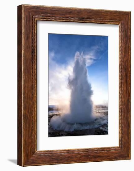 Strokkur Geysir Erupting at Sunrise on a Freezing Winter's Morning Against the Colourful Sky-Lee Frost-Framed Photographic Print