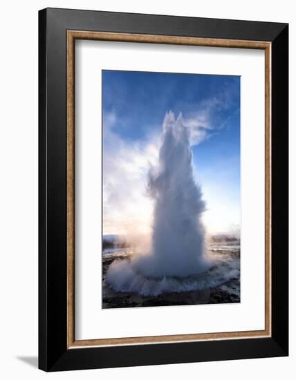 Strokkur Geysir Erupting at Sunrise on a Freezing Winter's Morning Against the Colourful Sky-Lee Frost-Framed Photographic Print