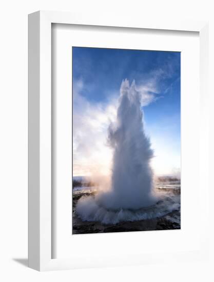 Strokkur Geysir Erupting at Sunrise on a Freezing Winter's Morning Against the Colourful Sky-Lee Frost-Framed Photographic Print