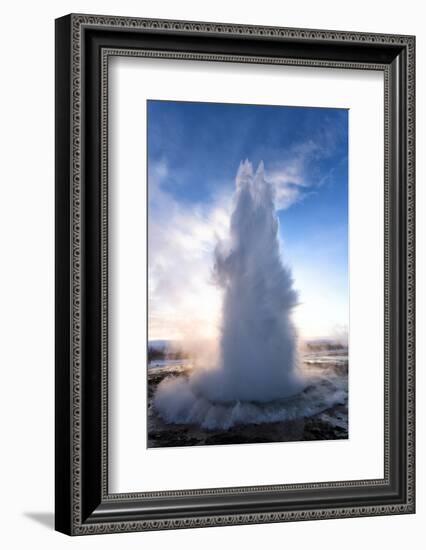 Strokkur Geysir Erupting at Sunrise on a Freezing Winter's Morning Against the Colourful Sky-Lee Frost-Framed Photographic Print