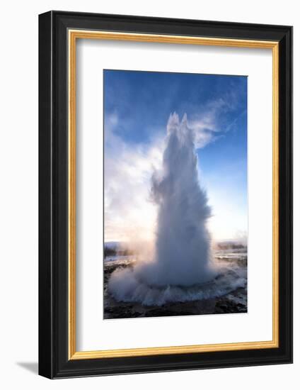 Strokkur Geysir Erupting at Sunrise on a Freezing Winter's Morning Against the Colourful Sky-Lee Frost-Framed Photographic Print