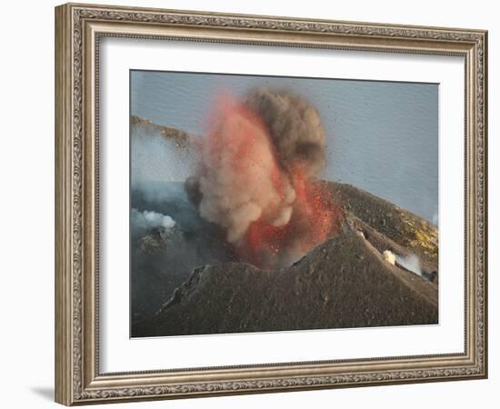 Strombolian Eruption of Stromboli Volcano Producing Ash Cloud, Volcanic Bombs and Lava, Italy-Stocktrek Images-Framed Photographic Print