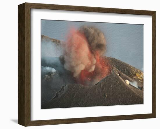 Strombolian Eruption of Stromboli Volcano Producing Ash Cloud, Volcanic Bombs and Lava, Italy-Stocktrek Images-Framed Photographic Print