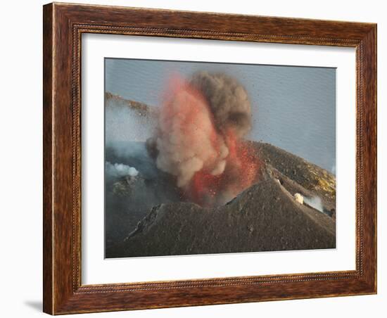 Strombolian Eruption of Stromboli Volcano Producing Ash Cloud, Volcanic Bombs and Lava, Italy-Stocktrek Images-Framed Photographic Print