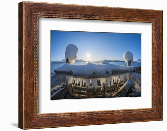 Strongly iced pier with sun in winter, Nordbotn, Tromso, Troms, Norway-Raimund Linke-Framed Photographic Print