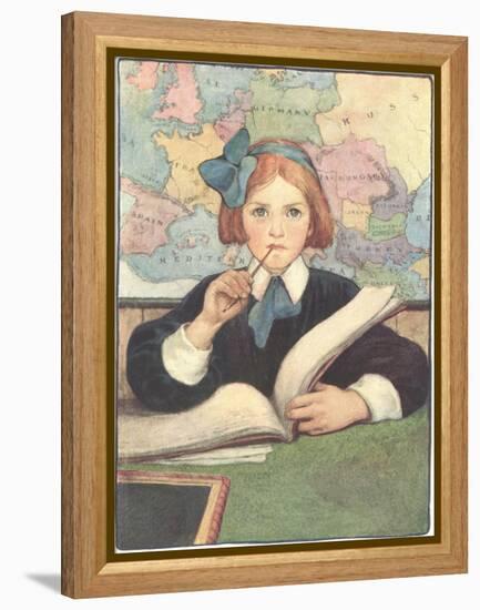 Student in Front of Map-null-Framed Stretched Canvas