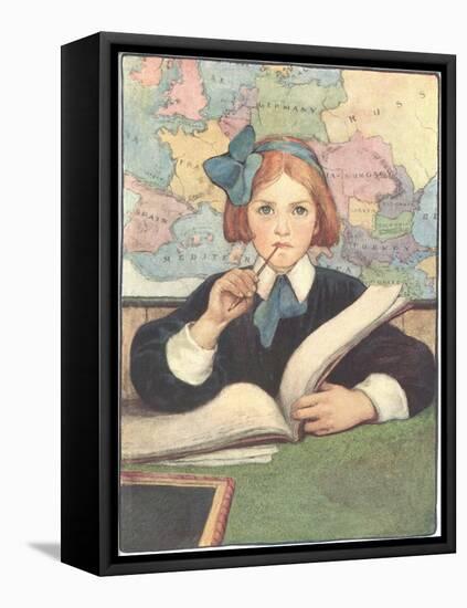 Student in Front of Map-null-Framed Stretched Canvas