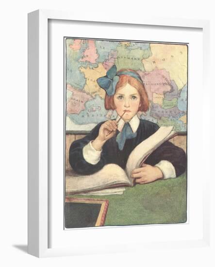 Student in Front of Map-null-Framed Art Print
