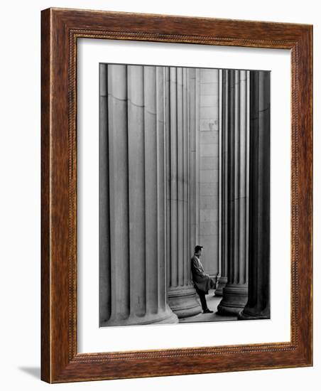 Student Leaning Against Ionic Columns at Entrance of Main Building at MIT-Gjon Mili-Framed Photographic Print