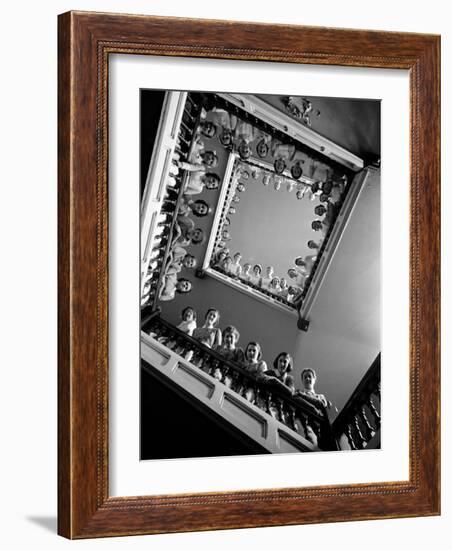 Student Nurses Lining the Railings of Stairwell at Roosevelt Hospital-Alfred Eisenstaedt-Framed Photographic Print