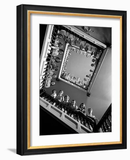 Student Nurses Lining the Railings of Stairwell at Roosevelt Hospital-Alfred Eisenstaedt-Framed Photographic Print