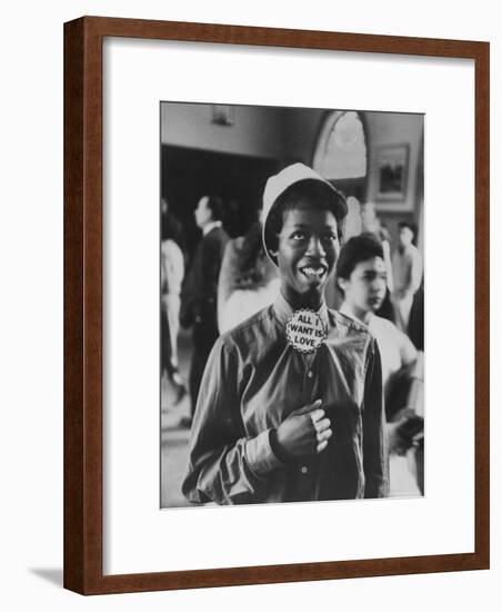 Student Wearing Hat and Button on Shirt That Says: All I Want is Love on "Old Clothes Day"-Gordon Parks-Framed Premium Photographic Print