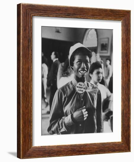 Student Wearing Hat and Button on Shirt That Says: All I Want is Love on "Old Clothes Day"-Gordon Parks-Framed Photographic Print
