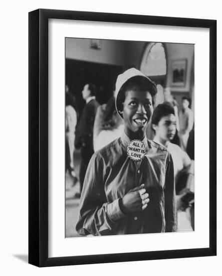 Student Wearing Hat and Button on Shirt That Says: All I Want is Love on "Old Clothes Day"-Gordon Parks-Framed Photographic Print