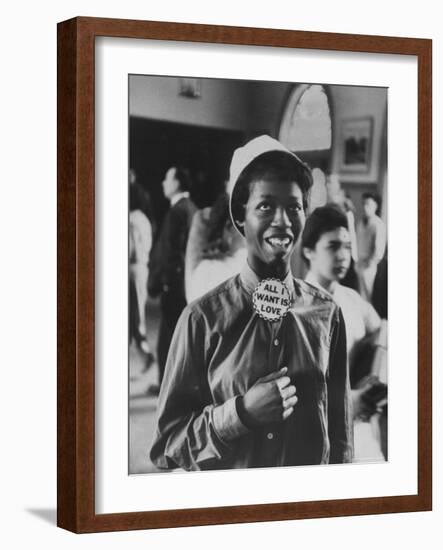 Student Wearing Hat and Button on Shirt That Says: All I Want is Love on "Old Clothes Day"-Gordon Parks-Framed Photographic Print