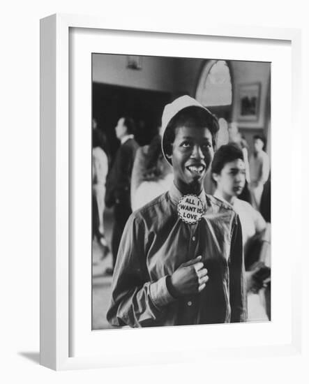 Student Wearing Hat and Button on Shirt That Says: All I Want is Love on "Old Clothes Day"-Gordon Parks-Framed Photographic Print