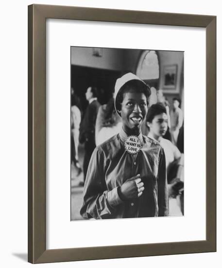 Student Wearing Hat and Button on Shirt That Says: All I Want is Love on "Old Clothes Day"-Gordon Parks-Framed Photographic Print