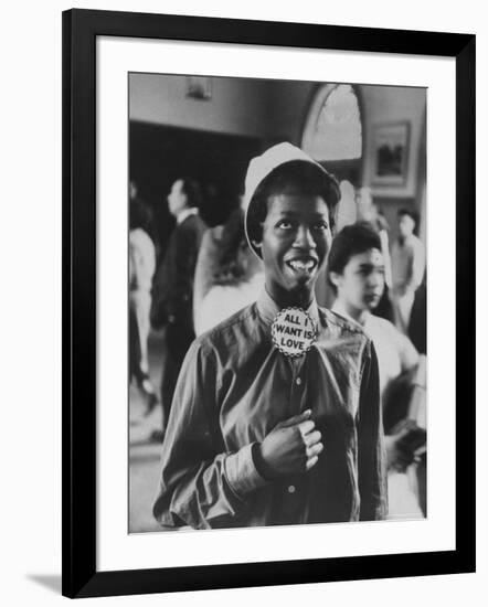 Student Wearing Hat and Button on Shirt That Says: All I Want is Love on "Old Clothes Day"-Gordon Parks-Framed Photographic Print