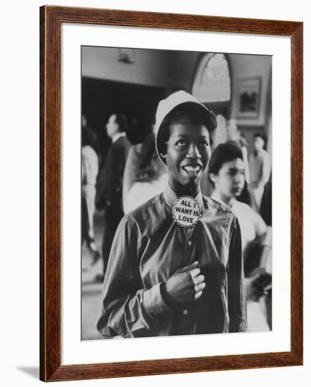 Student Wearing Hat and Button on Shirt That Says: All I Want is Love on "Old Clothes Day"-Gordon Parks-Framed Photographic Print